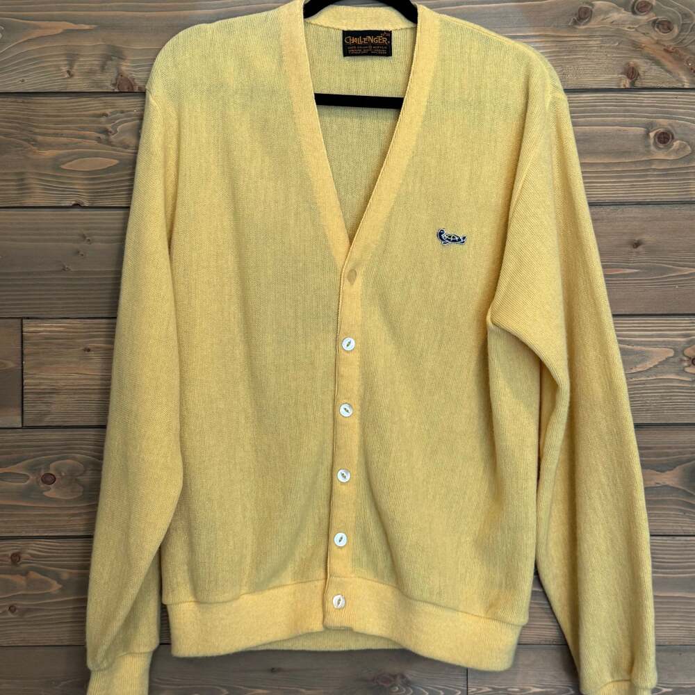 Vintage Challenger Yellow Cardigan Sweater, Orlon Acrylic Knit Men's Size L